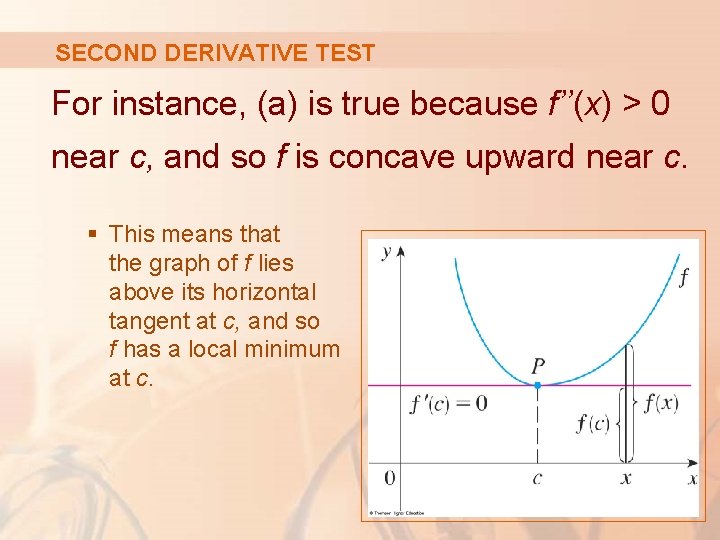 SECOND DERIVATIVE TEST For instance, (a) is true because f’’(x) > 0 near c,