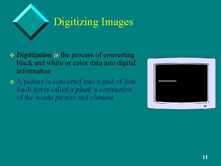 Digitizing Images Digitization is the process of converting black and white or color data
