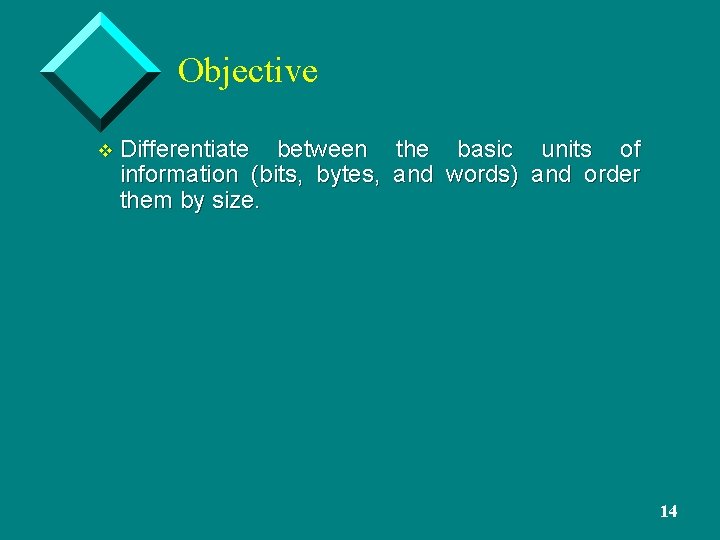 Objective v Differentiate between the basic units of information (bits, bytes, and words) and