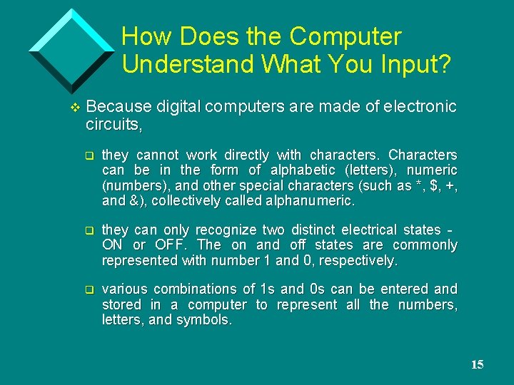 How Does the Computer Understand What You Input? v Because digital computers are made