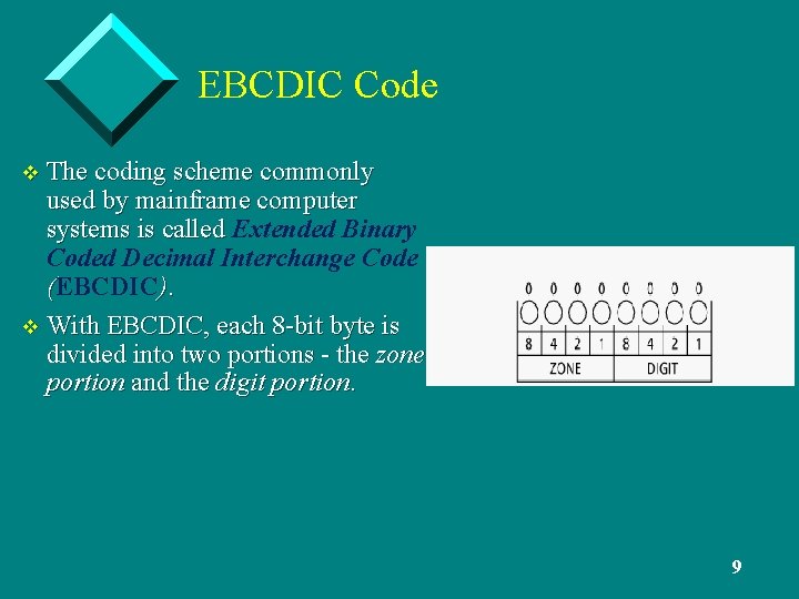 EBCDIC Code v The coding scheme commonly used by mainframe computer systems is called