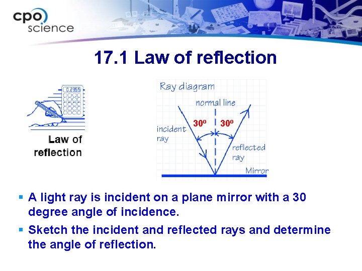 17. 1 Law of reflection 30 o § A light ray is incident on