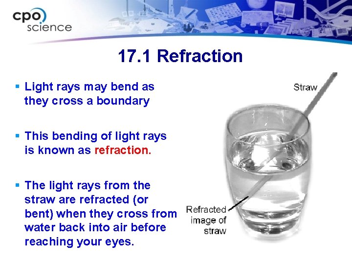 17. 1 Refraction § Light rays may bend as they cross a boundary §