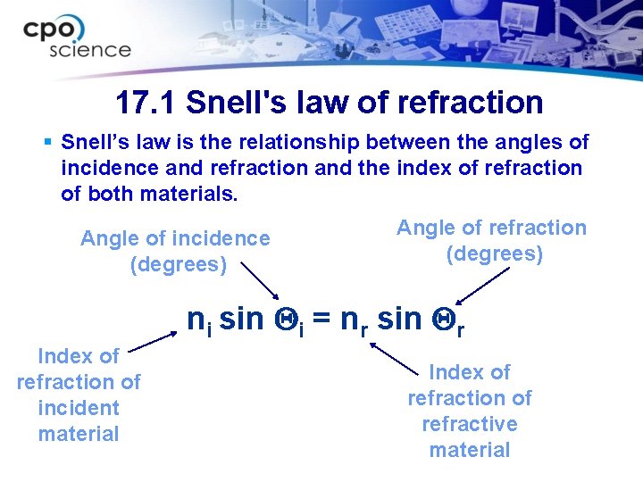 17. 1 Snell's law of refraction § Snell’s law is the relationship between the