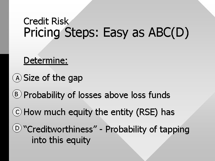 Credit Risk Pricing Steps: Easy as ABC(D) Determine: A Size of the gap B