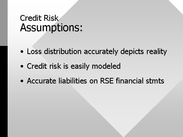 Credit Risk Assumptions: • Loss distribution accurately depicts reality • Credit risk is easily