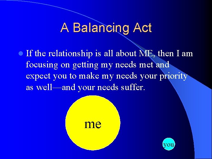 A Balancing Act l If the relationship is all about ME, then I am