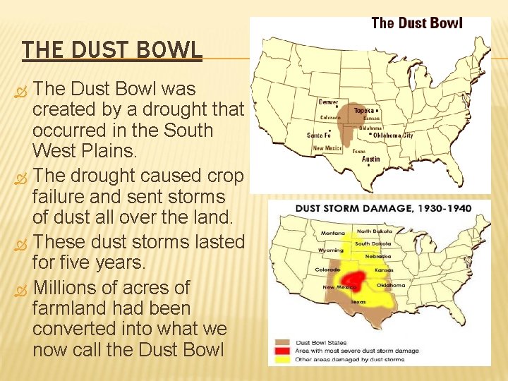 THE DUST BOWL The Dust Bowl was created by a drought that occurred in