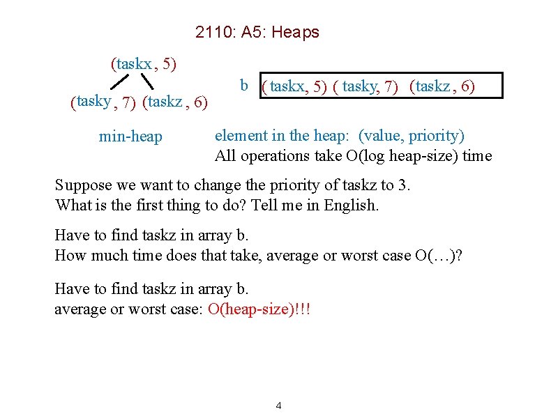 2110: A 5: Heaps (taskx , 5) (tasky , 7) (taskz , 6) min-heap