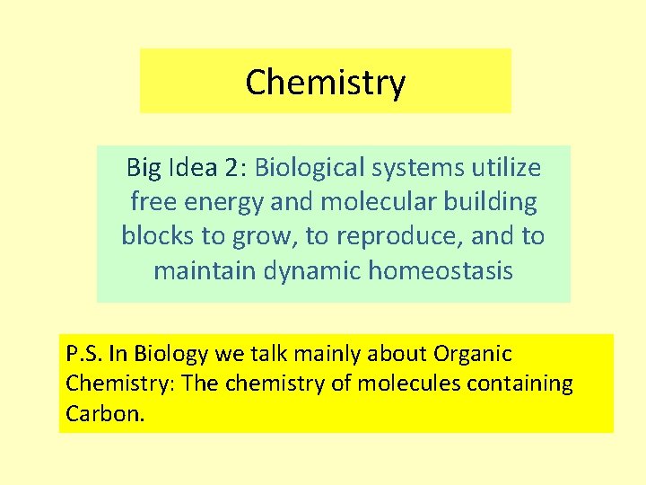 Chemistry Big Idea 2: Biological systems utilize free energy and molecular building blocks to