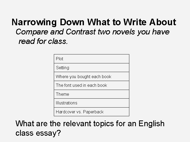 Narrowing Down What to Write About Compare and Contrast two novels you have read