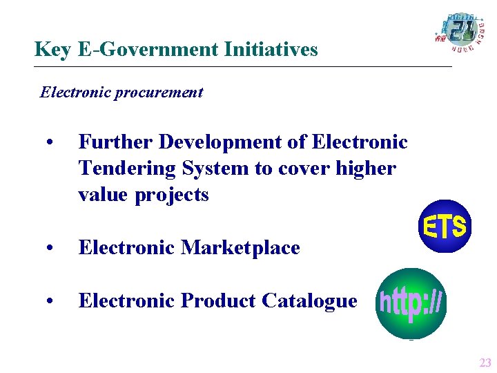 Key E-Government Initiatives Electronic procurement • Further Development of Electronic Tendering System to cover