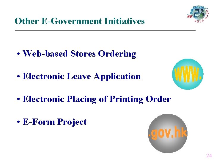 Other E-Government Initiatives • Web-based Stores Ordering • Electronic Leave Application • Electronic Placing