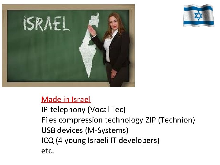 Made in Israel IP-telephony (Vocal Tec) Files compression technology ZIP (Technion) USB devices (M-Systems)