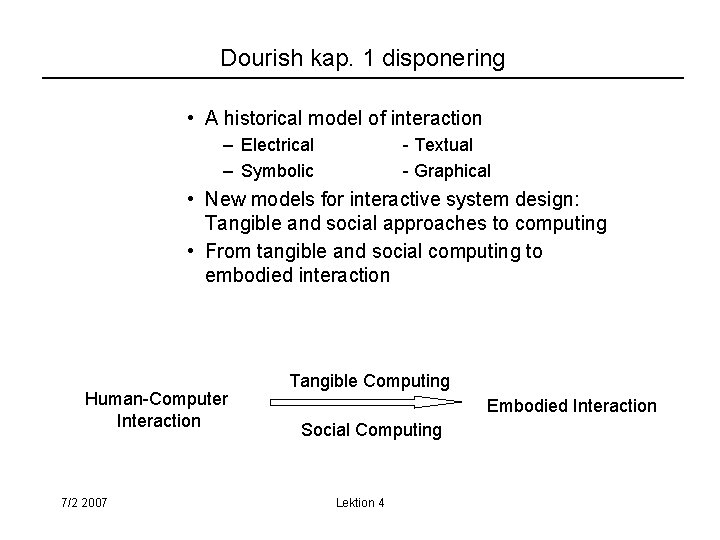 Dourish kap. 1 disponering • A historical model of interaction – Electrical – Symbolic