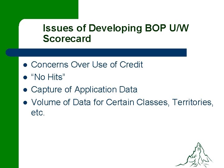 Issues of Developing BOP U/W Scorecard l l Concerns Over Use of Credit “No