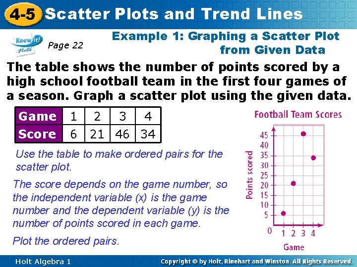 4 -5 Scatter Plots and Trend Lines Example 1: Graphing a Scatter Plot Page