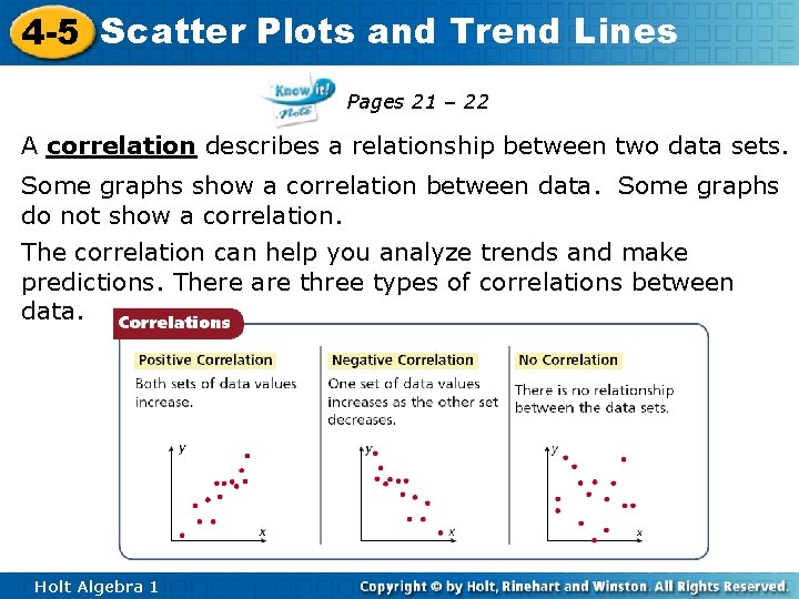 4 -5 Scatter Plots and Trend Lines Pages 21 – 22 A correlation describes