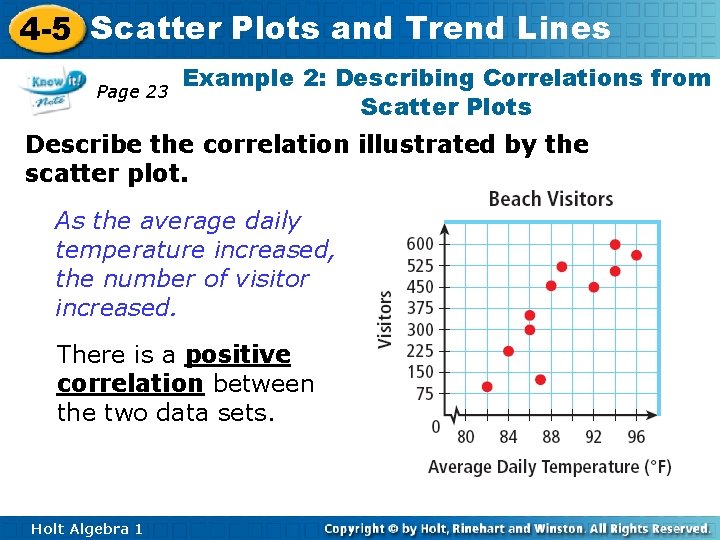 4 -5 Scatter Plots and Trend Lines Page 23 Example 2: Describing Correlations from