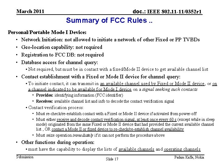 March 2011 doc. : IEEE 802. 11 -11/0352 r 1 Summary of FCC Rules.