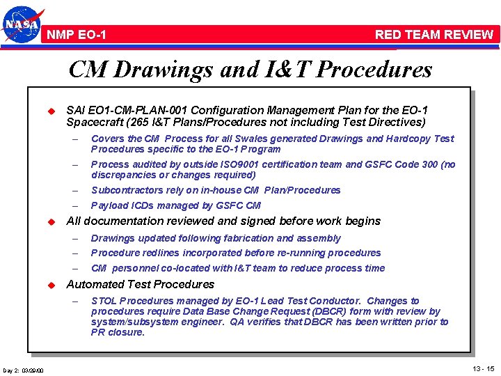 NMP /EO-1 RED TEAM REVIEW CM Drawings and I&T Procedures u u u SAI