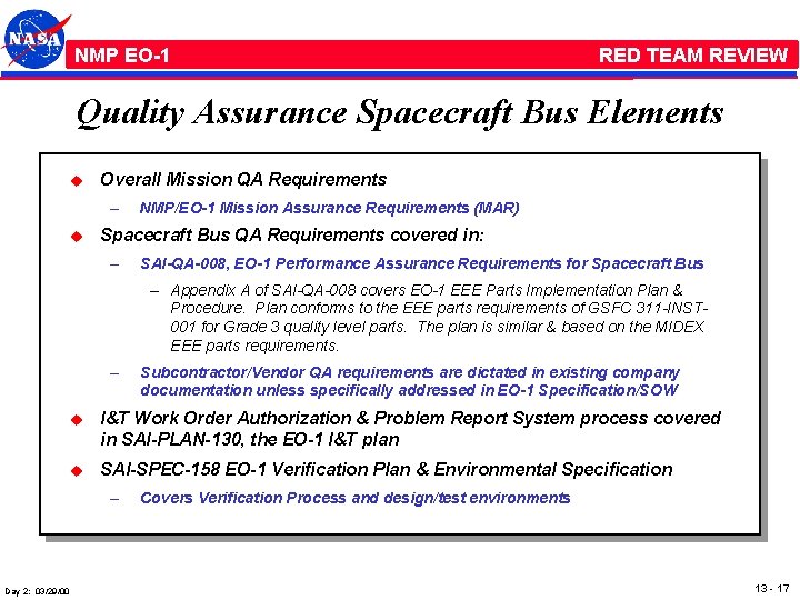 NMP /EO-1 RED TEAM REVIEW Quality Assurance Spacecraft Bus Elements u Overall Mission QA
