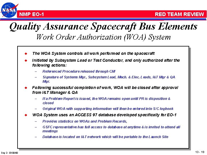 NMP /EO-1 RED TEAM REVIEW Quality Assurance Spacecraft Bus Elements Work Order Authorization (WOA)