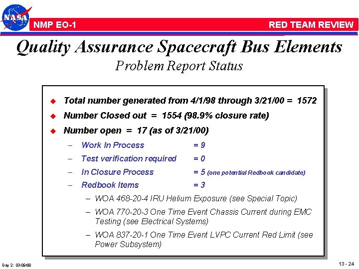 NMP /EO-1 RED TEAM REVIEW Quality Assurance Spacecraft Bus Elements Problem Report Status u