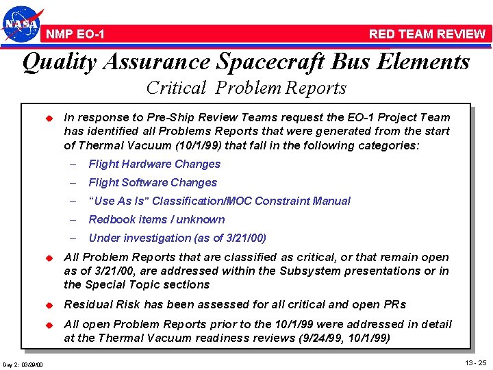 NMP /EO-1 RED TEAM REVIEW Quality Assurance Spacecraft Bus Elements Critical Problem Reports u