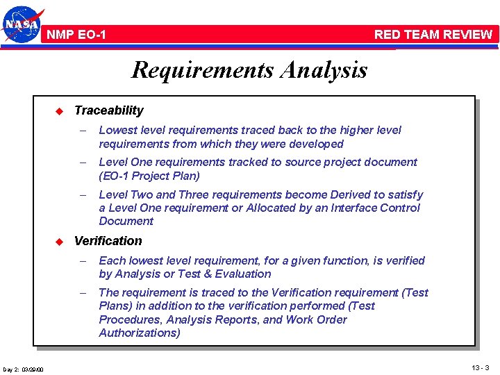 NMP /EO-1 RED TEAM REVIEW Requirements Analysis u u Day 2: 03/29/00 Traceability –