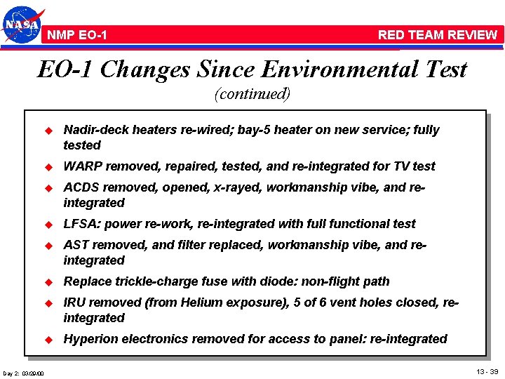 NMP /EO-1 RED TEAM REVIEW EO-1 Changes Since Environmental Test (continued) Day 2: 03/29/00