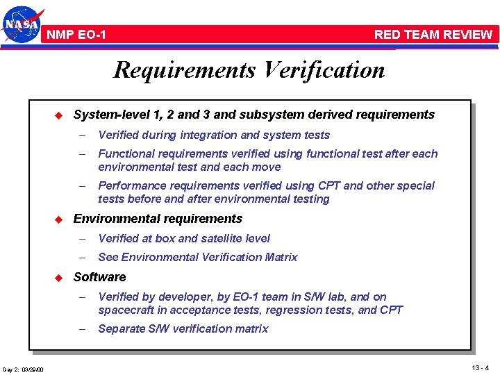NMP /EO-1 RED TEAM REVIEW Requirements Verification u u u Day 2: 03/29/00 System-level