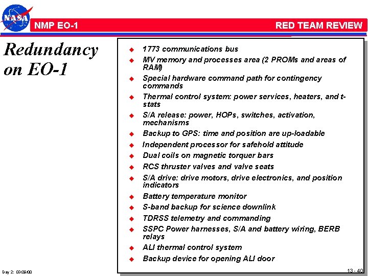 NMP /EO-1 Redundancy on EO-1 RED TEAM REVIEW u u u u Day 2: