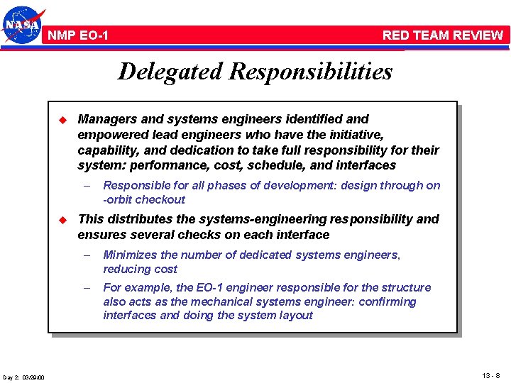 NMP /EO-1 RED TEAM REVIEW Delegated Responsibilities u Managers and systems engineers identified and