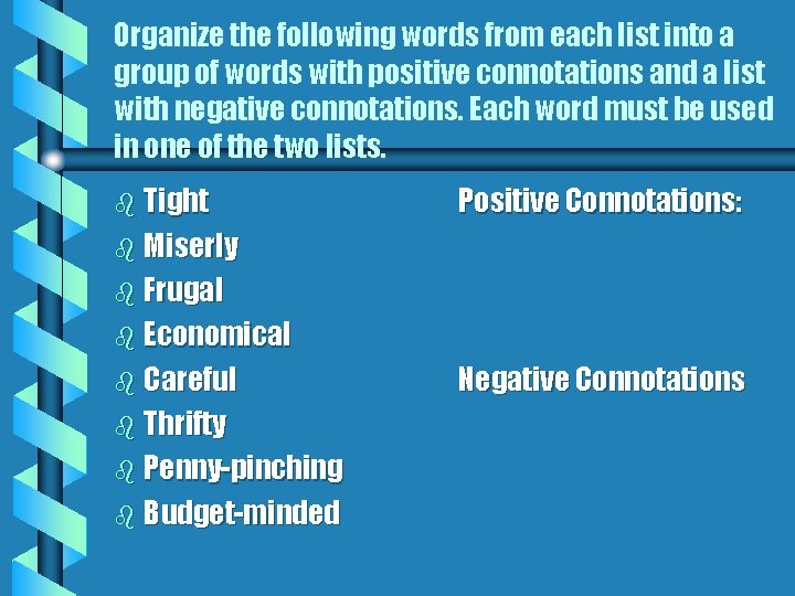 Organize the following words from each list into a group of words with positive