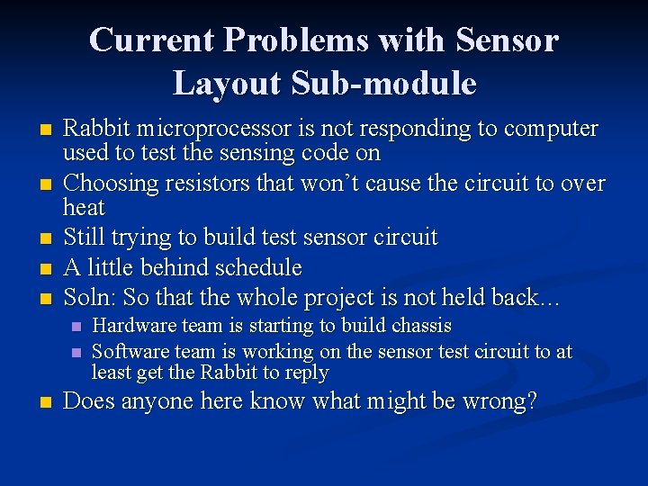 Current Problems with Sensor Layout Sub-module n n n Rabbit microprocessor is not responding