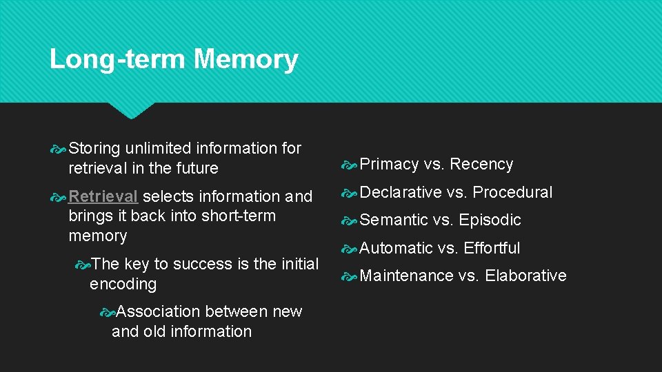 Long-term Memory Storing unlimited information for retrieval in the future Retrieval selects information and