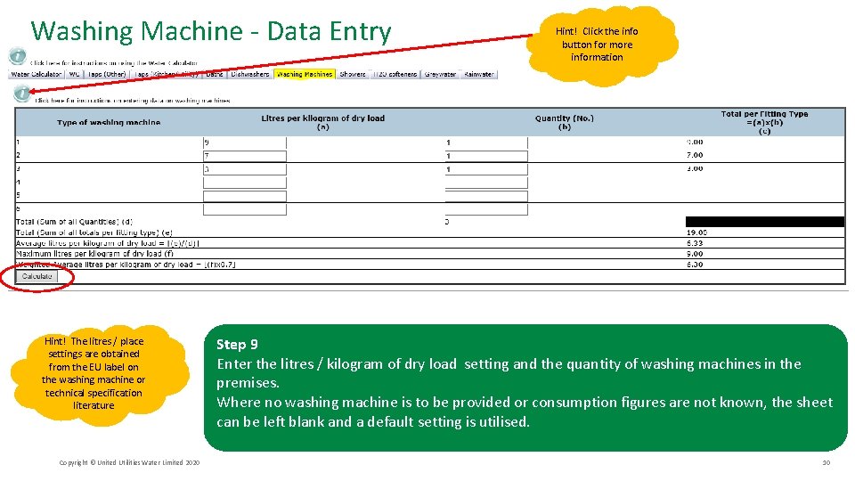 Washing Machine - Data Entry Hint! The litres / place settings are obtained from
