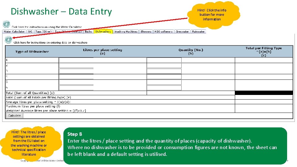 Dishwasher – Data Entry Hint! The litres / place settings are obtained from the