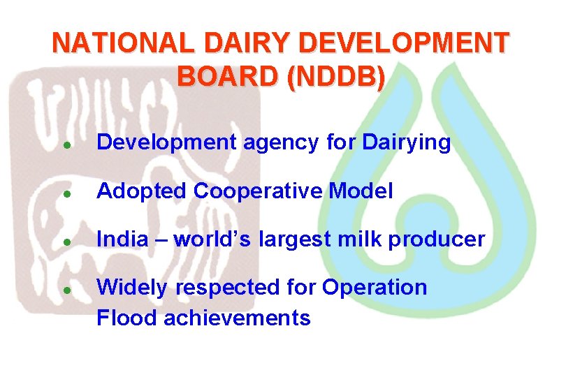 NATIONAL DAIRY DEVELOPMENT BOARD (NDDB) l Development agency for Dairying l Adopted Cooperative Model