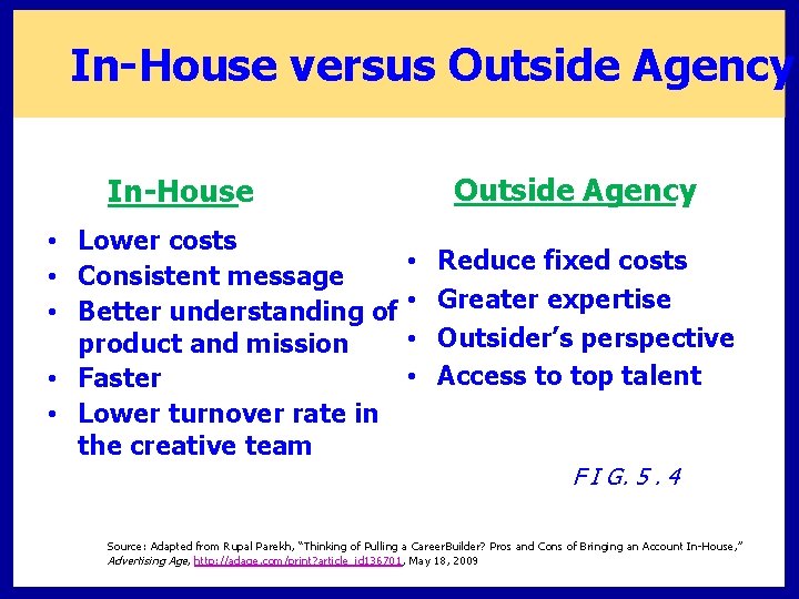 In-House versus Outside Agency In-House • Lower costs • Consistent message • Better understanding