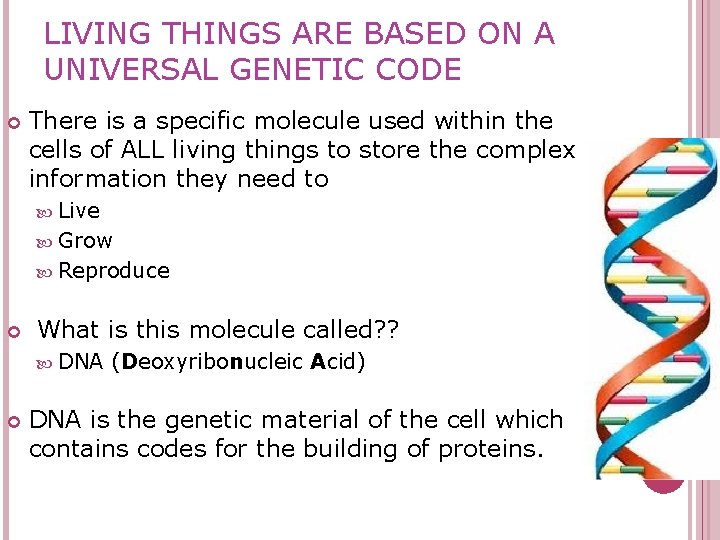 LIVING THINGS ARE BASED ON A UNIVERSAL GENETIC CODE There is a specific molecule