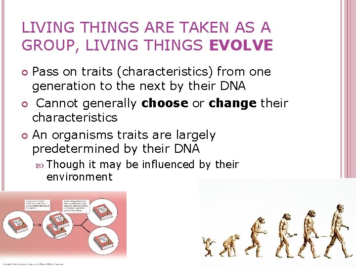 LIVING THINGS ARE TAKEN AS A GROUP, LIVING THINGS EVOLVE Pass on traits (characteristics)