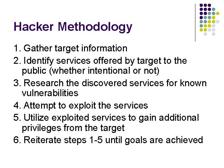 Hacker Methodology 1. Gather target information 2. Identify services offered by target to the