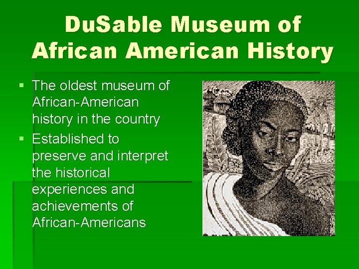 Du. Sable Museum of African American History § The oldest museum of African-American history