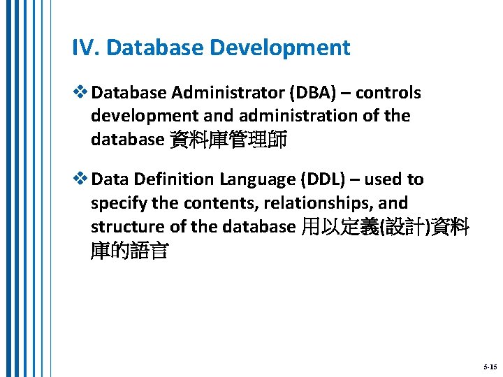 IV. Database Development v Database Administrator (DBA) – controls development and administration of the