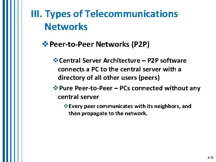 III. Types of Telecommunications Networks v. Peer-to-Peer Networks (P 2 P) v. Central Server