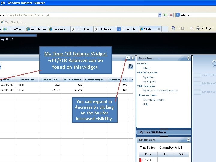 My Time Off Balance Widget GPT/ELB Balances can be found on this widget. You