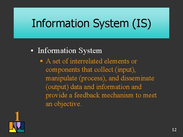 Information System (IS) • Information System § A set of interrelated elements or components Information System (IS) • Information System § A set of interrelated elements or components