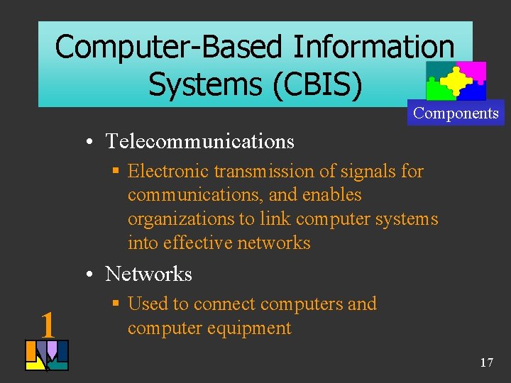 Computer-Based Information Systems (CBIS) Components • Telecommunications § Electronic transmission of signals for communications, Computer-Based Information Systems (CBIS) Components • Telecommunications § Electronic transmission of signals for communications,